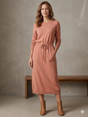 Pure Jill Women Size Medium Soft Red Clay Heather Drawstring Waist Sweater Dress